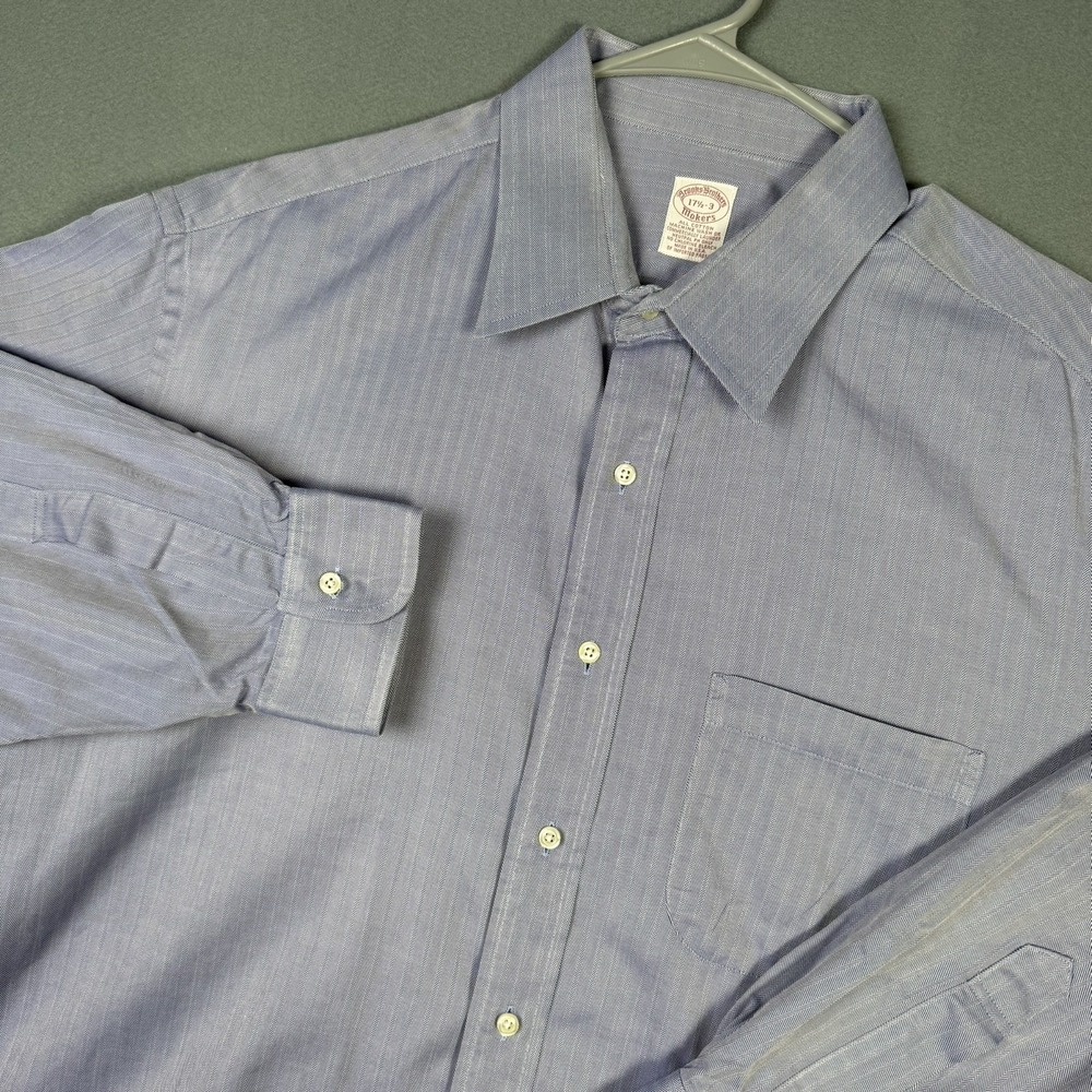 Brooks Brothers Makers Shirt Mens 17.5 Blue Herringbone Cotton USA Made Vintage